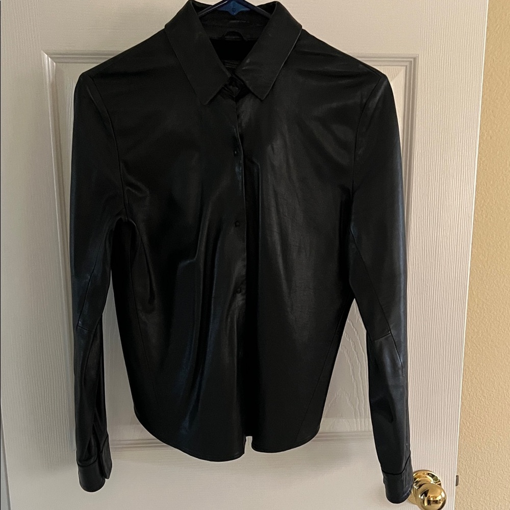 Banana Republic Women Black Leather Button-Up Shirt. Gently used